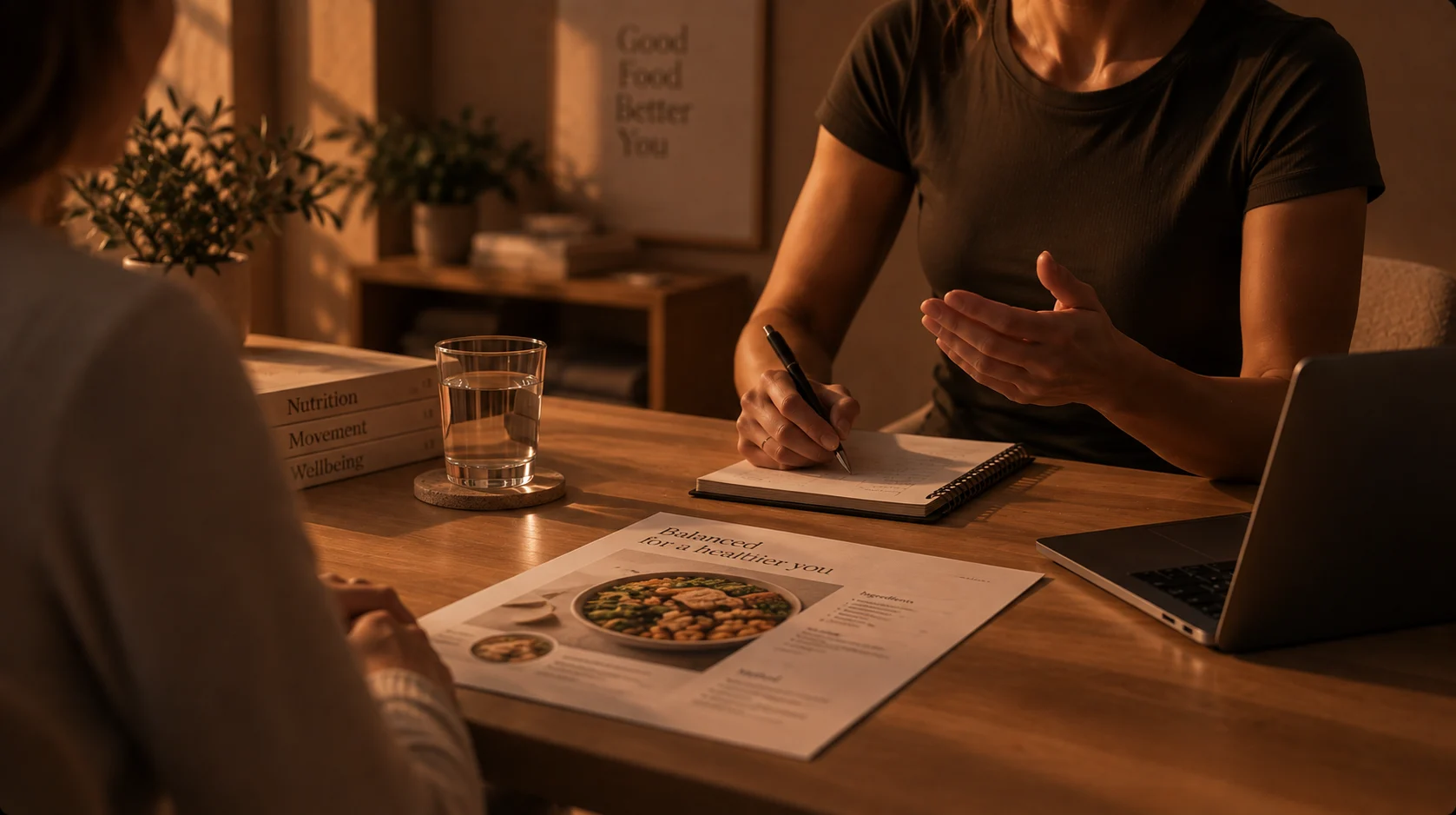 Voedingsconsult aan tafel: de diëtist maakt notities naast een glas water en een blad met een gezonde maaltijd