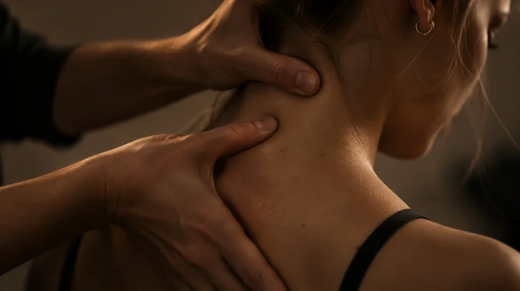 Kinesitherapeut masseert de nek en schouder van een patiënte